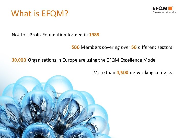 What is EFQM? Not-for -Profit Foundation formed in 1988 500 Members covering over 50