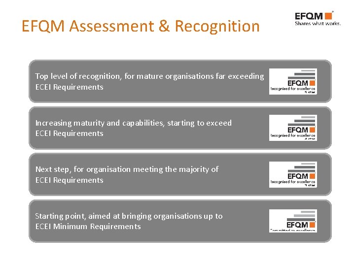 EFQM Assessment & Recognition Top level of recognition, for mature organisations far exceeding ECEI