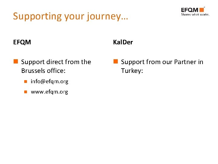 Supporting your journey… EFQM Kal. Der n Support direct from the Brussels office: n