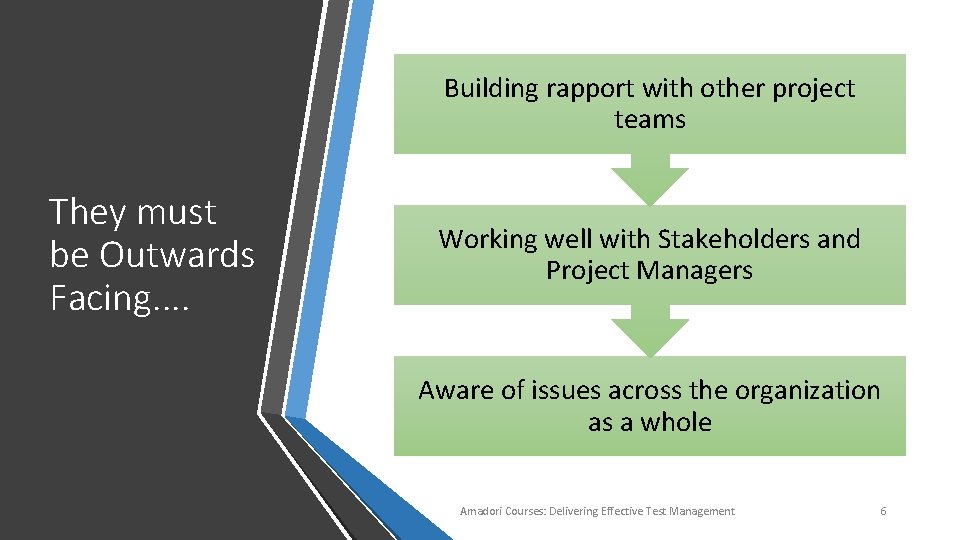 Building rapport with other project teams They must be Outwards Facing. . Working well