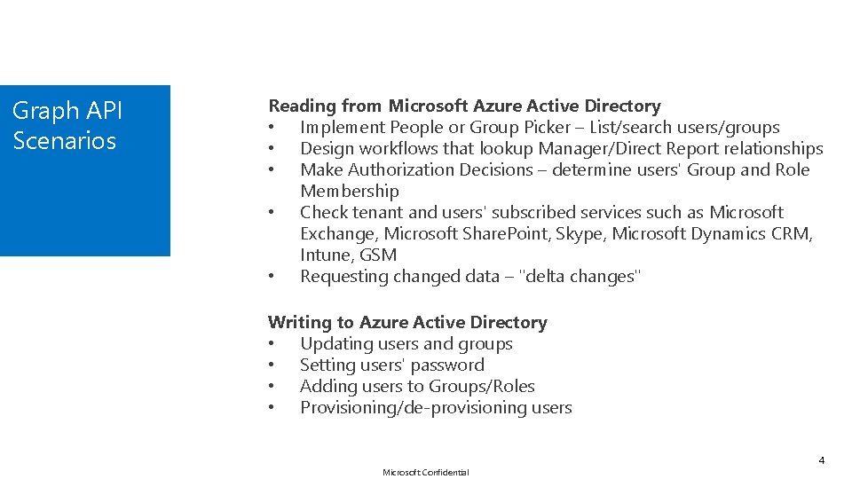 Graph API Scenarios Reading from Microsoft Azure Active Directory • Implement People or Group