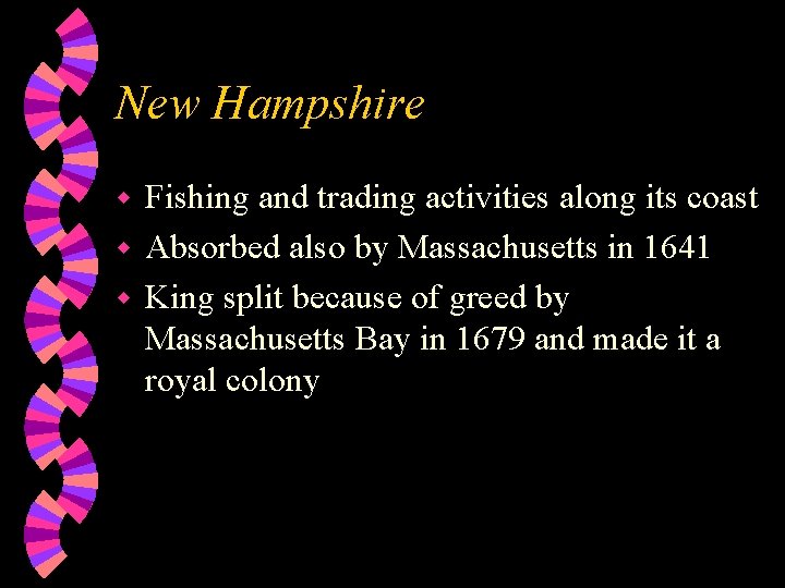 New Hampshire Fishing and trading activities along its coast w Absorbed also by Massachusetts