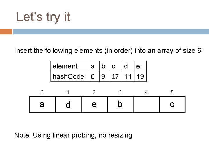 Let's try it Insert the following elements (in order) into an array of size