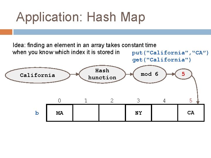 Application: Hash Map Idea: finding an element in an array takes constant time when