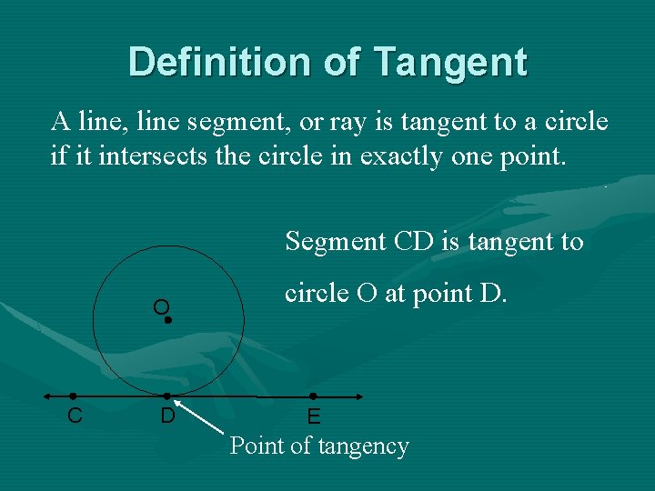 Definition of Tangent A line, line segment, or ray is tangent to a circle