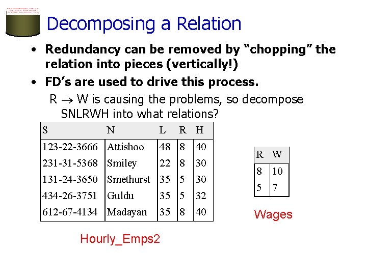 Decomposing a Relation • Redundancy can be removed by “chopping” the relation into pieces