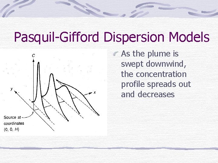 Pasquil-Gifford Dispersion Models As the plume is swept downwind, the concentration profile spreads out