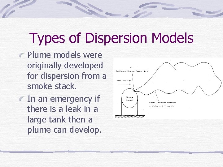 Types of Dispersion Models Plume models were originally developed for dispersion from a smoke