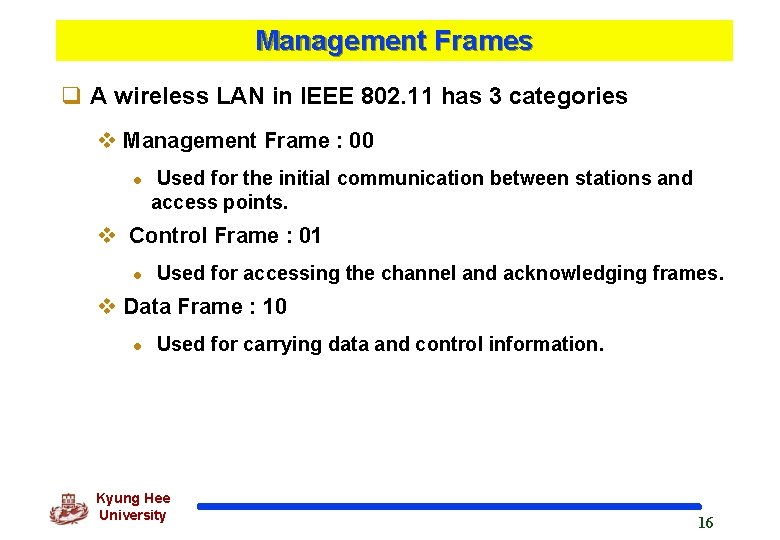 Management Frames q A wireless LAN in IEEE 802. 11 has 3 categories v