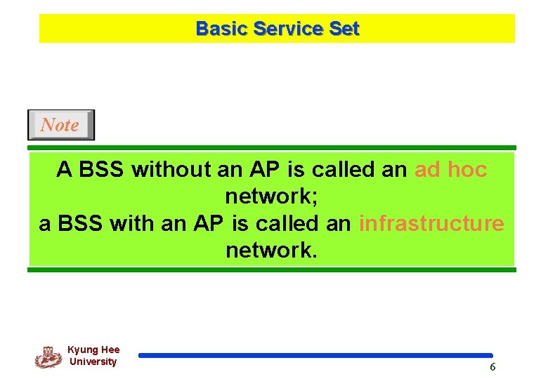 Basic Service Set Note A BSS without an AP is called an ad hoc
