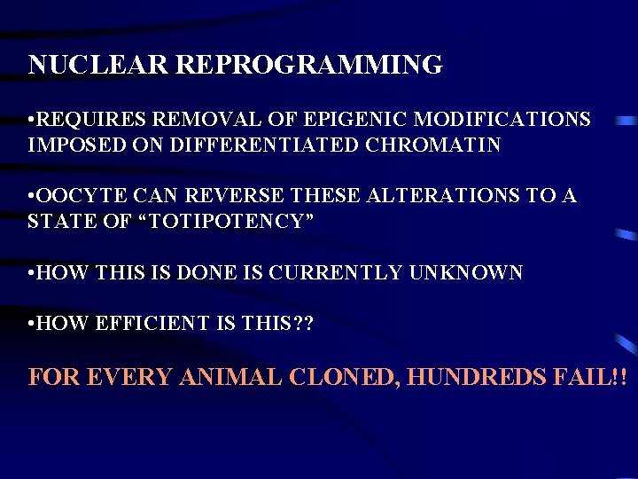 NUCLEAR REPROGRAMMING • REQUIRES REMOVAL OF EPIGENIC MODIFICATIONS IMPOSED ON DIFFERENTIATED CHROMATIN • OOCYTE