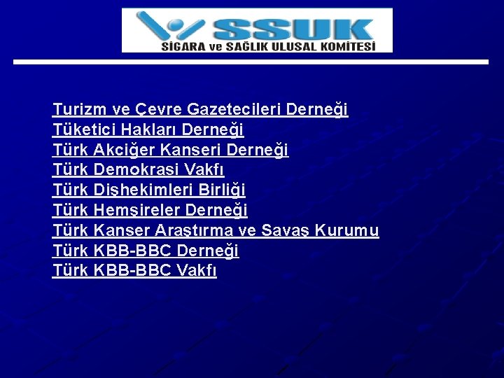 Turizm ve Çevre Gazetecileri Derneği Tüketici Hakları Derneği Türk Akciğer Kanseri Derneği Türk Demokrasi