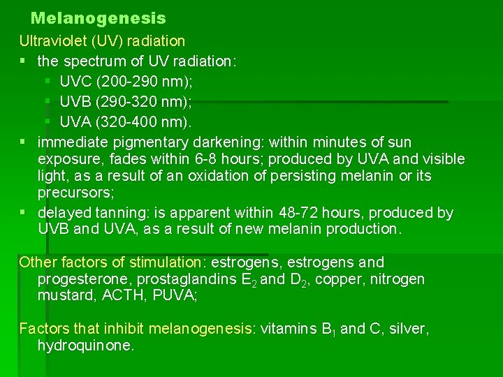 Melanogenesis Ultraviolet (UV) radiation § the spectrum of UV radiation: § UVC (200 -290