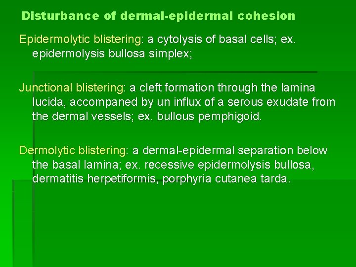 Disturbance of dermal-epidermal cohesion Epidermolytic blistering: a cytolysis of basal cells; ex. epidermolysis bullosa