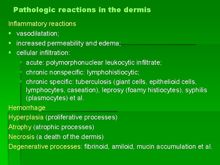 Pathologic reactions in the dermis Inflammatory reactions § vasodilatation; § increased permeability and edema; Pathologic reactions in the dermis Inflammatory reactions § vasodilatation; § increased permeability and edema;