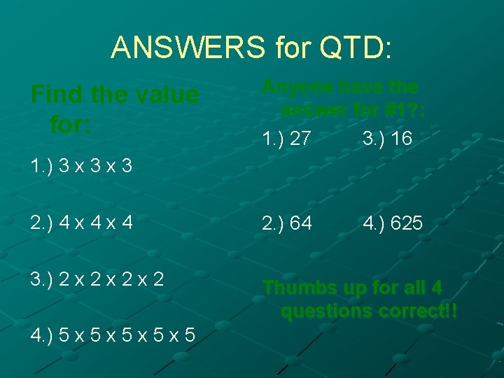 ANSWERS for QTD: Find the value for: Anyone have the answer for #1? :