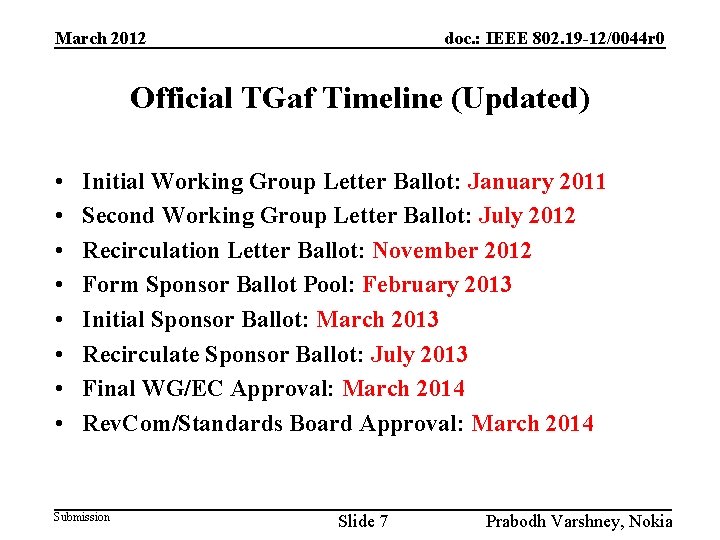 March 2012 doc. : IEEE 802. 19 -12/0044 r 0 Official TGaf Timeline (Updated)