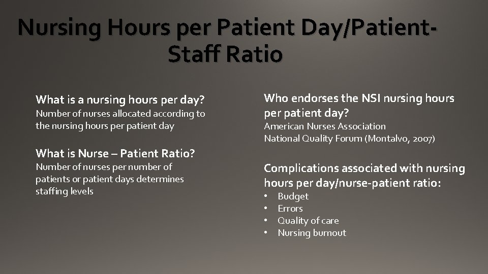 Nursing Hours per Patient Day/Patient. Staff Ratio What is a nursing hours per day?