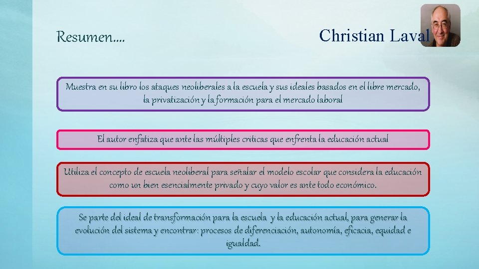 Resumen…. Christian Laval Muestra en su libro los ataques neoliberales a la escuela y