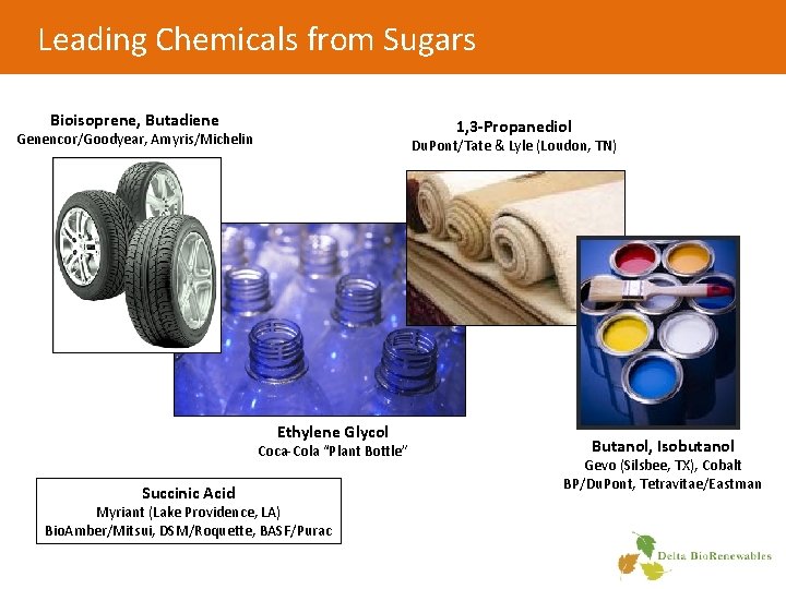 Leading Chemicals from Sugars Bioisoprene, Butadiene 1, 3 -Propanediol Genencor/Goodyear, Amyris/Michelin Du. Pont/Tate &