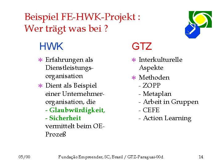 Beispiel FE-HWK-Projekt : Wer trägt was bei ? HWK GTZ Erfahrungen als Dienstleistungsorganisation [