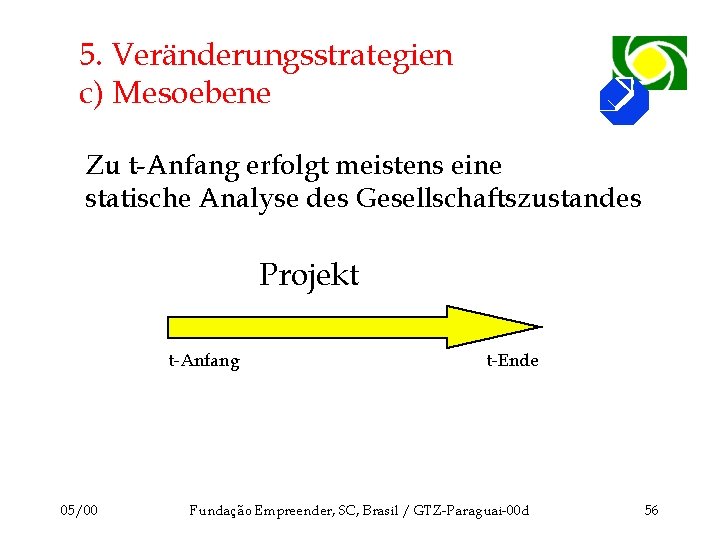 5. Veränderungsstrategien c) Mesoebene Zu t-Anfang erfolgt meistens eine statische Analyse des Gesellschaftszustandes Projekt