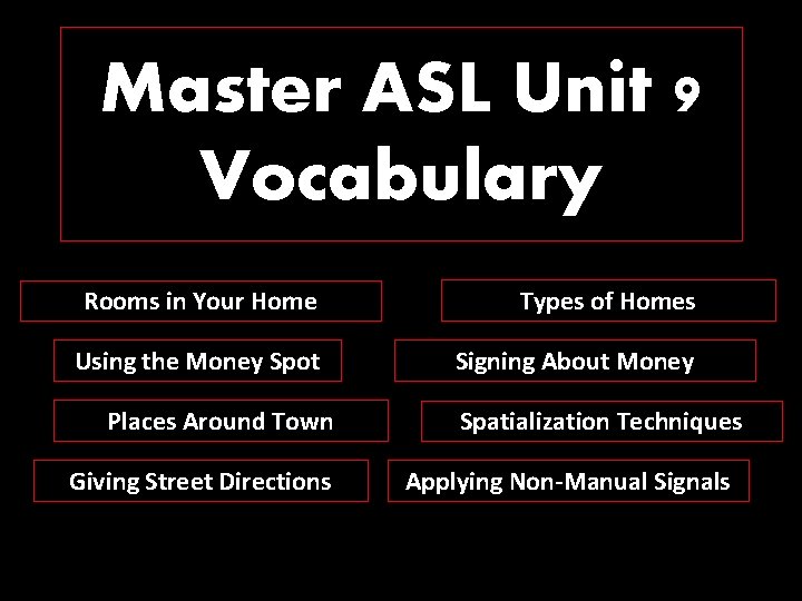 Master ASL Unit 9 Vocabulary Rooms in Your Home Types of Homes Using the