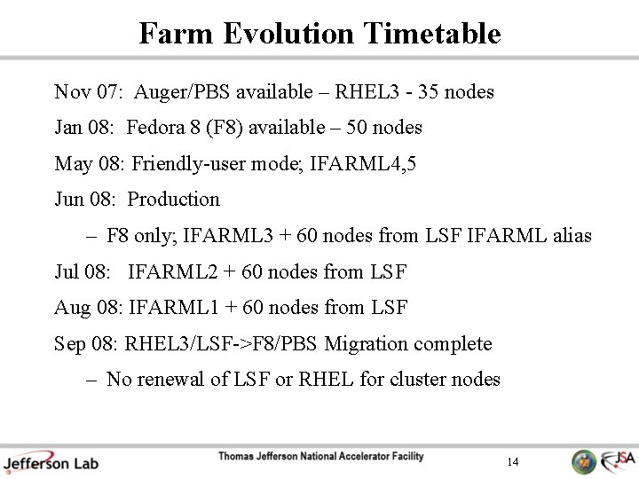 Farm Evolution Timetable Nov 07: Auger/PBS available – RHEL 3 - 35 nodes Jan