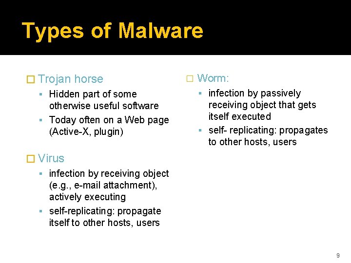 Types of Malware � Trojan horse Hidden part of some otherwise useful software Today