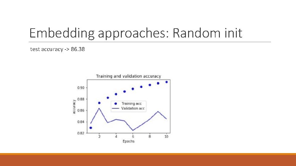 Embedding approaches: Random init test accuracy -> 86. 38 