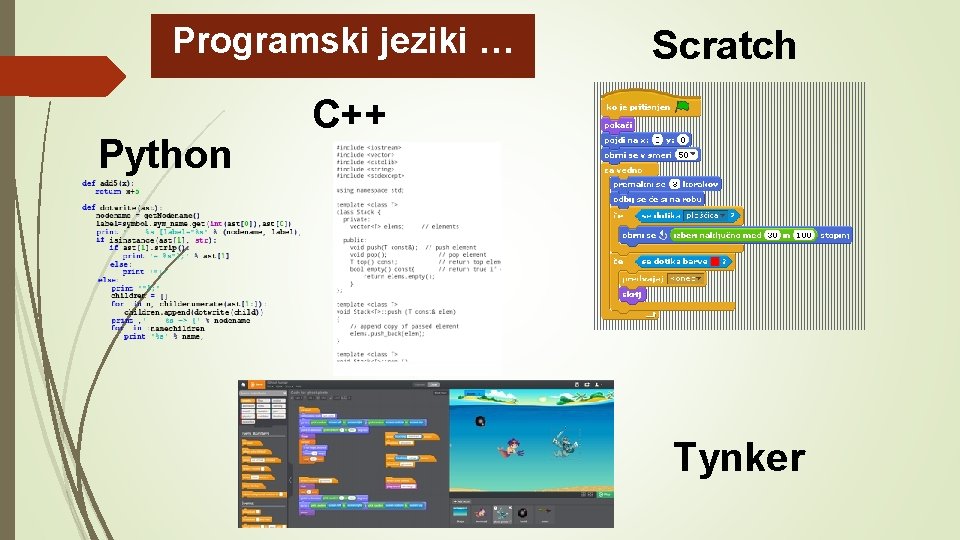 Programski jeziki … Python Scratch C++ Tynker 