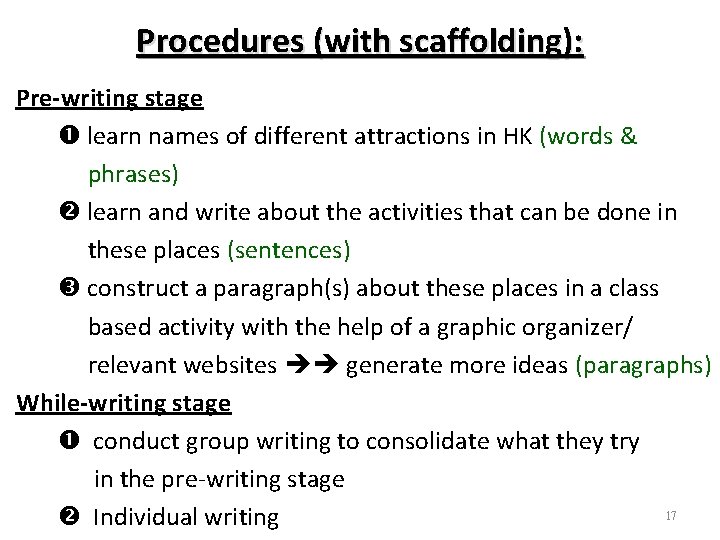 Procedures (with scaffolding): Pre-writing stage learn names of different attractions in HK (words &
