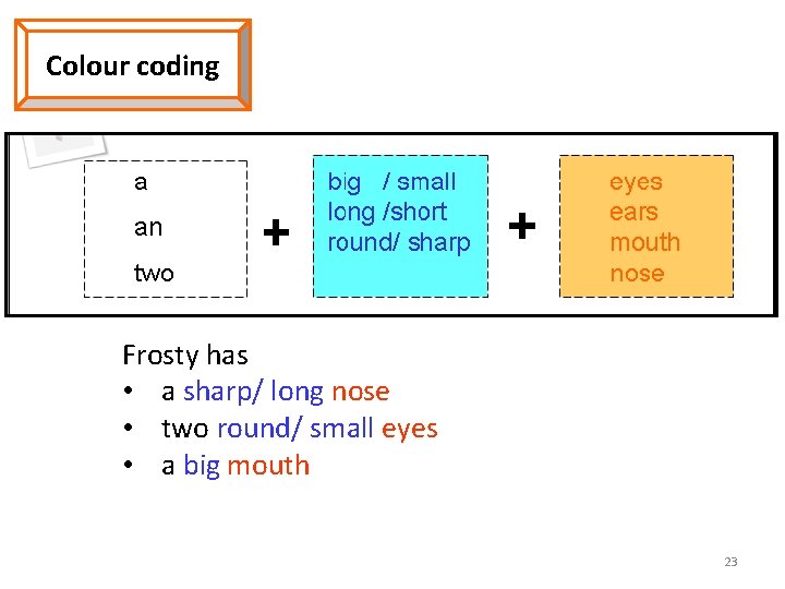 Colour coding Frosty has • a sharp/ long nose • two round/ small eyes