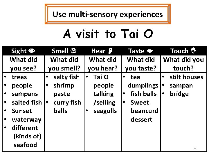 Use multi-sensory experiences A visit to Tai O • • Sight What did you