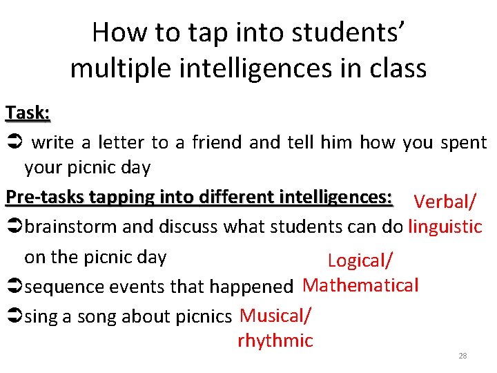 How to tap into students’ multiple intelligences in class Task: Ü write a letter