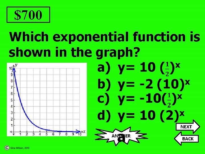 $700 Which exponential function is shown in the graph? a ANSWER NEXT BACK 