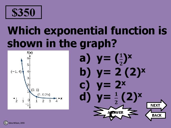 $350 Which exponential function is shown in the graph? c ANSWER NEXT BACK 