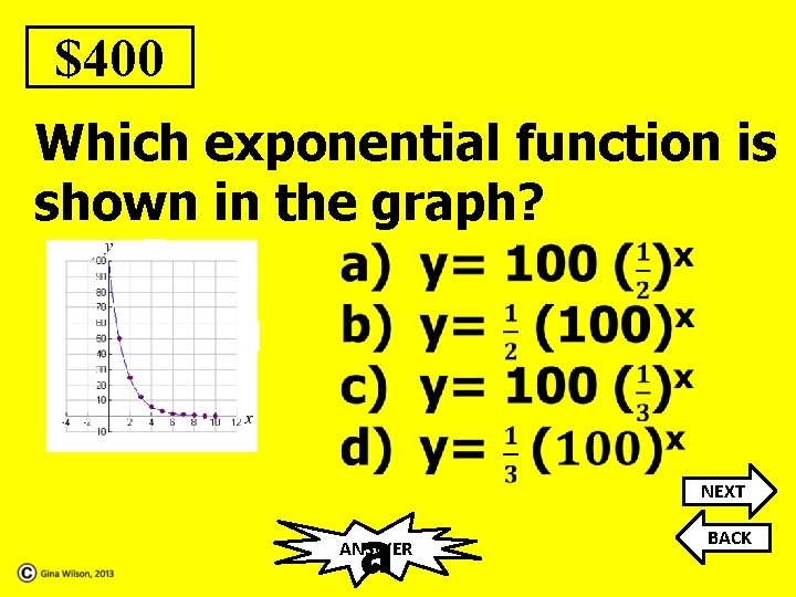 $400 Which exponential function is shown in the graph? NEXT a ANSWER BACK 