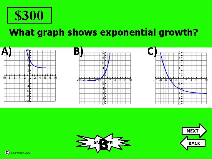 $300 What graph shows exponential growth? A) B) C) NEXT B ANSWER BACK 