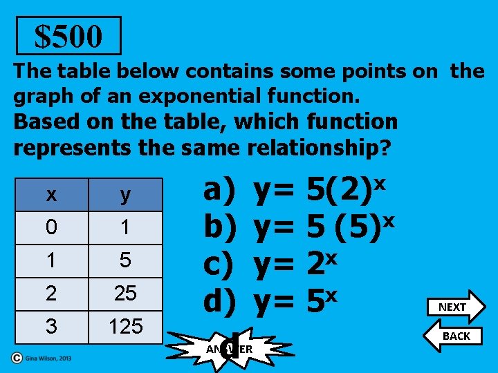 $500 The table below contains some points on the graph of an exponential function.