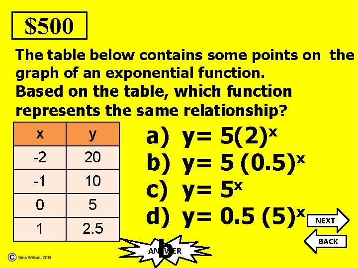 $500 The table below contains some points on the graph of an exponential function.