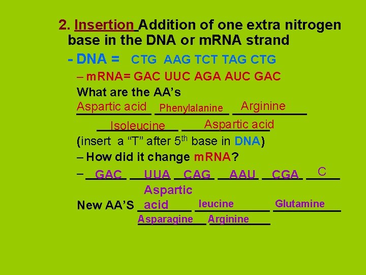 2. Insertion Addition of one extra nitrogen base in the DNA or m. RNA