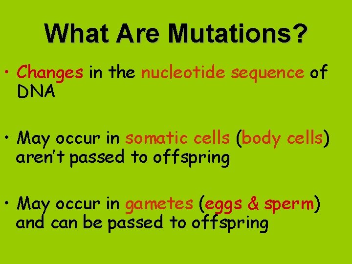 What Are Mutations? • Changes in the nucleotide sequence of DNA • May occur