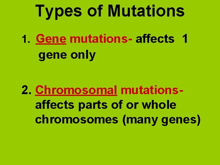 Types of Mutations 1. Gene mutations- affects 1 gene only 2. Chromosomal mutationsaffects parts