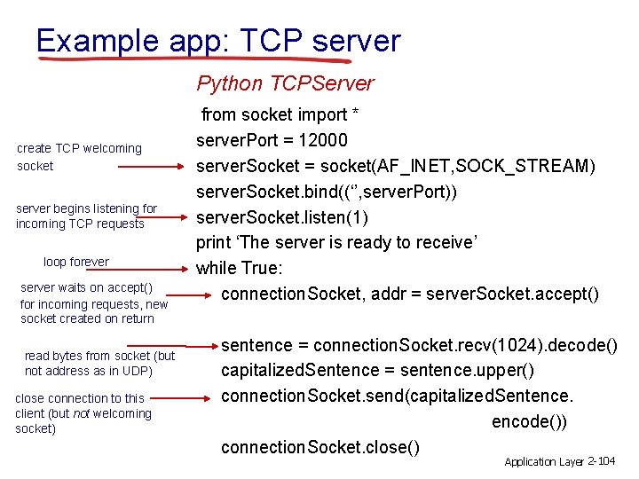 Example app: TCP server Python TCPServer create TCP welcoming socket server begins listening for