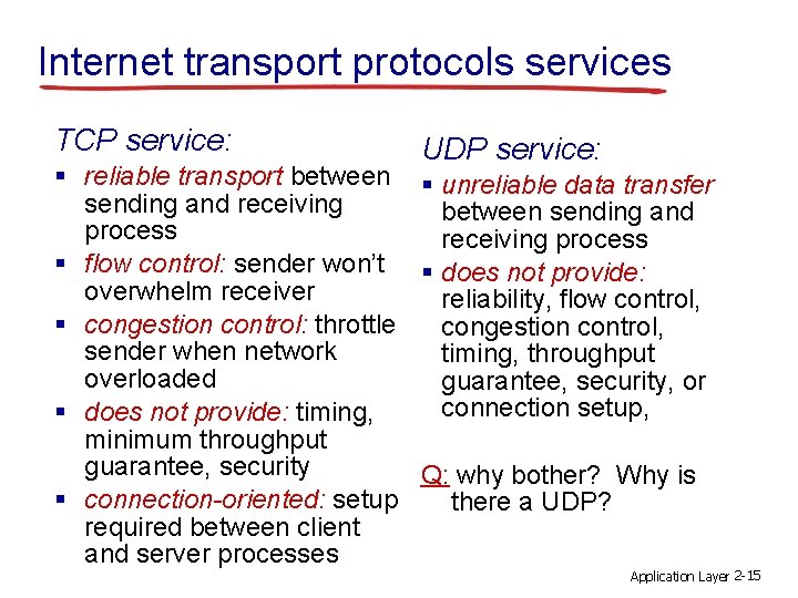 Internet transport protocols services TCP service: UDP service: § reliable transport between § unreliable