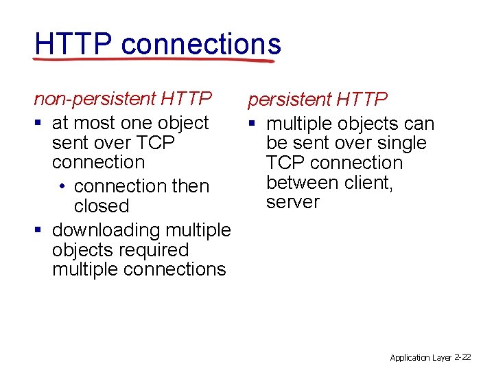 HTTP connections non-persistent HTTP § at most one object § multiple objects can sent