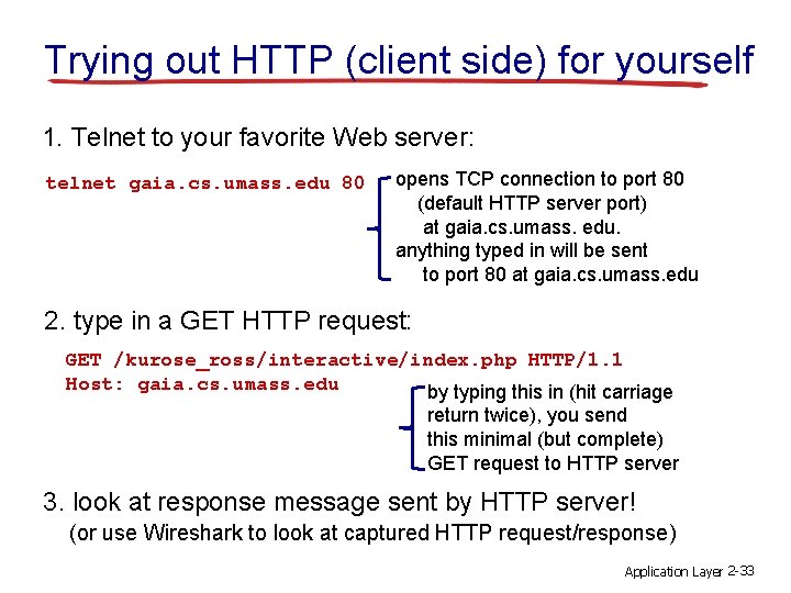 Trying out HTTP (client side) for yourself 1. Telnet to your favorite Web server: