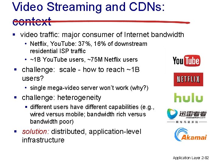 Video Streaming and CDNs: context § video traffic: major consumer of Internet bandwidth •