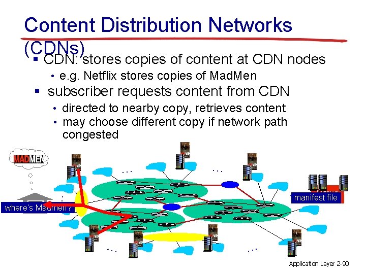 Content Distribution Networks (CDNs) § CDN: stores copies of content at CDN nodes •